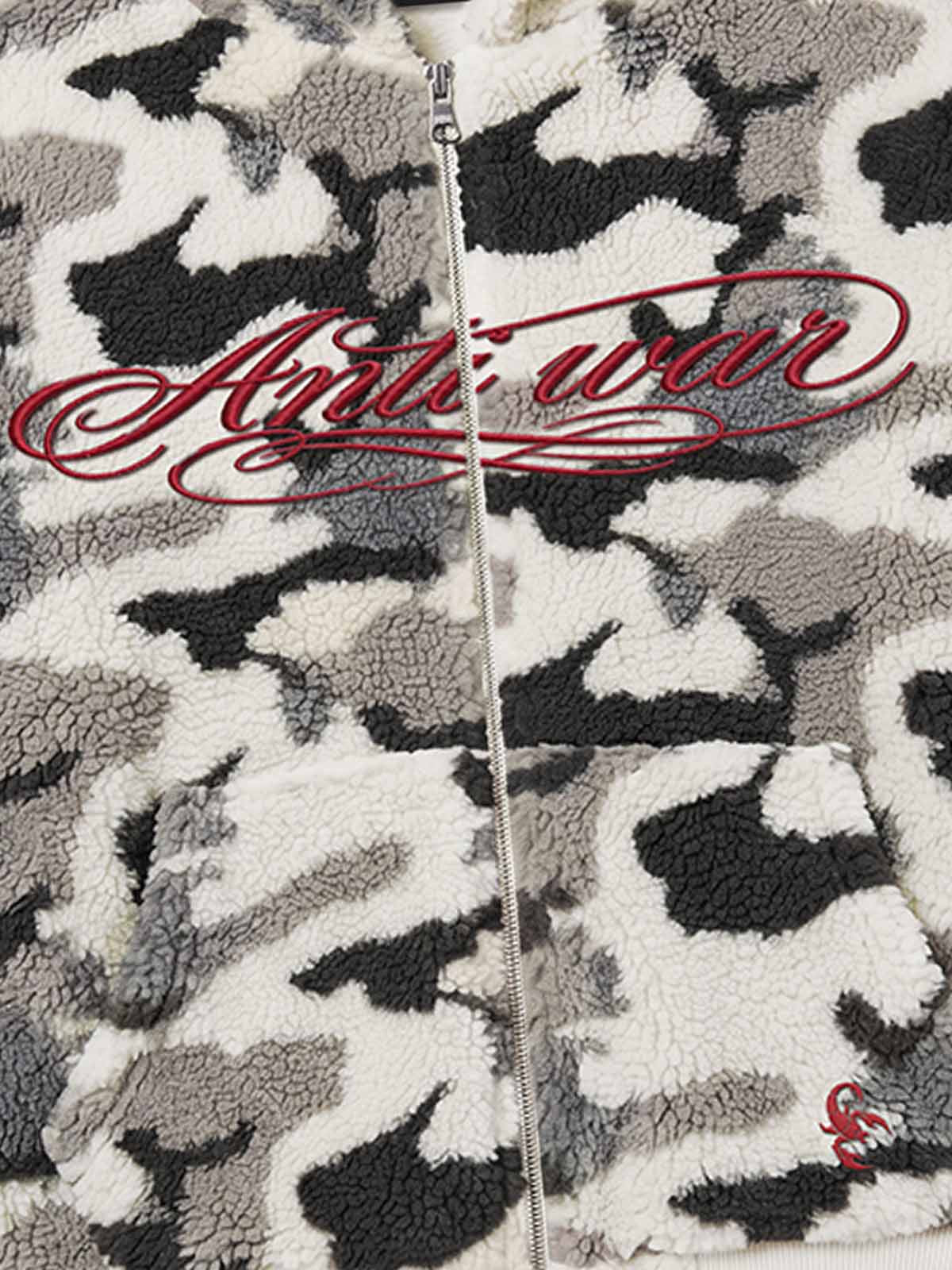 Letter Embroidered Camo Sherpa-Fleece Hooded Padded Jacket