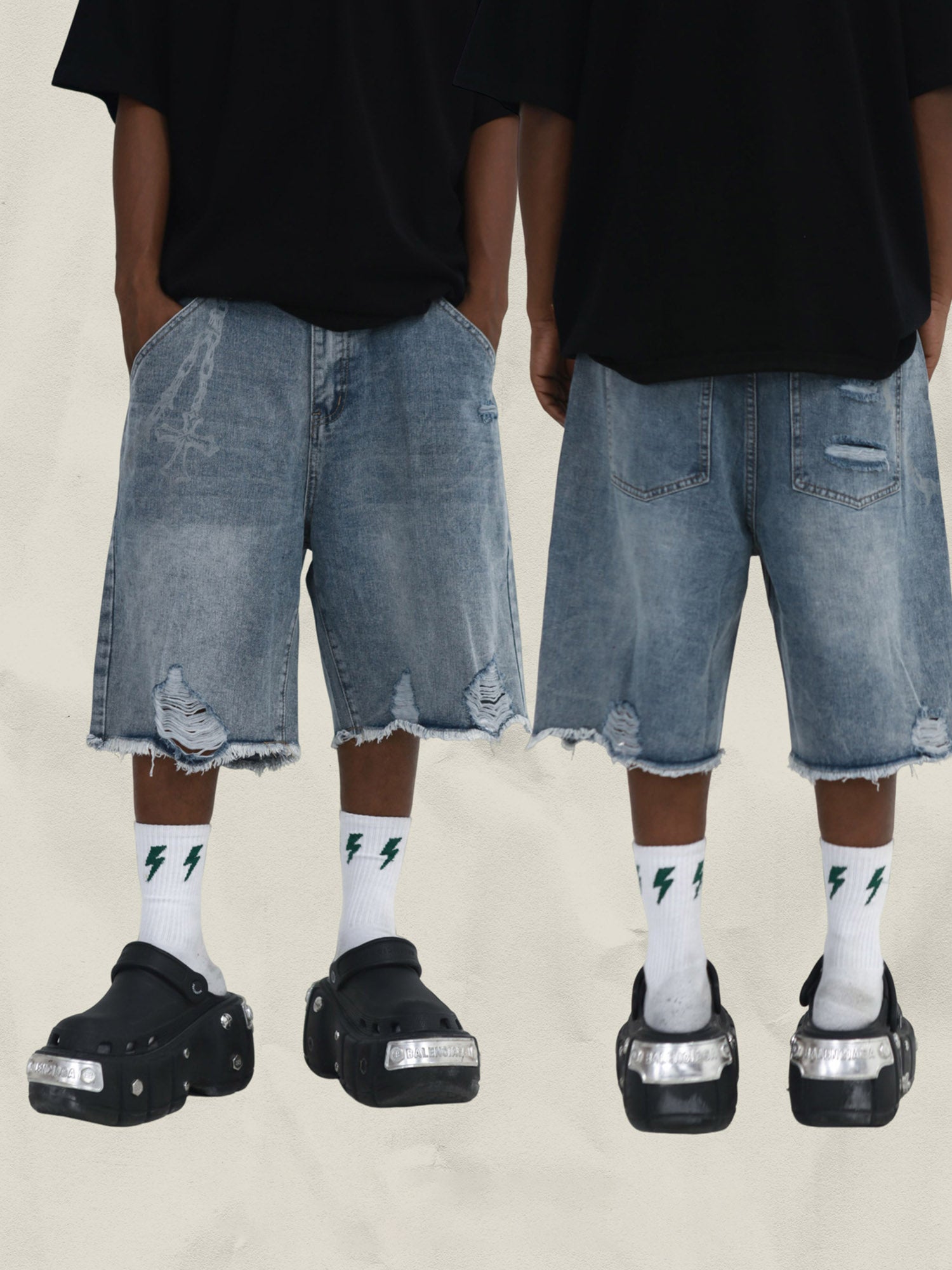 High Street Hip Hop Denim Shorts Cross Print Personalized Raw Edge Denim Shorts