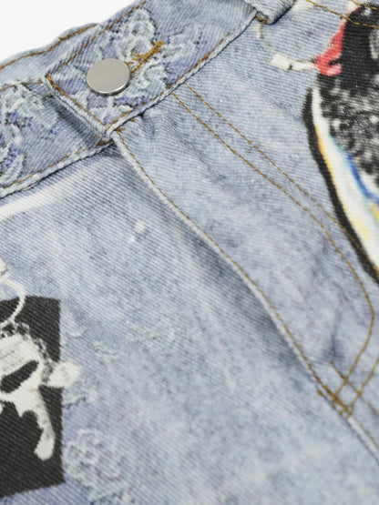 Ribbon Print Scimitar Wide-Leg Jeans 