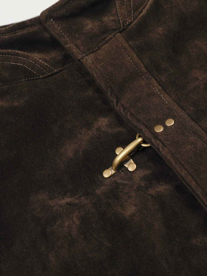 Vintage Suede Embroidered Toggle-Buckle Stand Collar Down Jacket 
