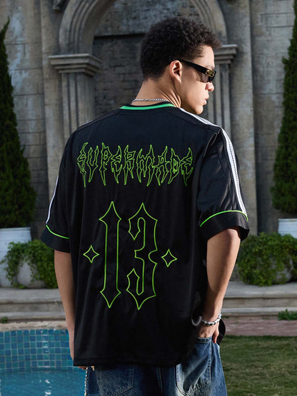 Supermade Color-Blocked V-Neck Embroidered Jersey Short-Sleeved 