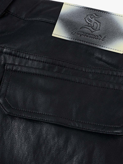 Faux Leather Cargo Shorts for Men - Black Oversized Utility Shorts with Multiple Pockets and Zipper Details 