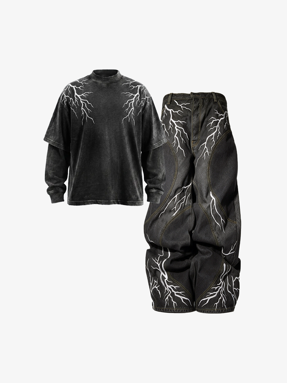 Lightning Graphic Layered Long Sleeve Tee & Curved-Leg Jeans Set