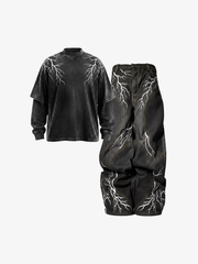 Lightning Graphic Layered Long Sleeve Tee & Curved-Leg Jeans Set