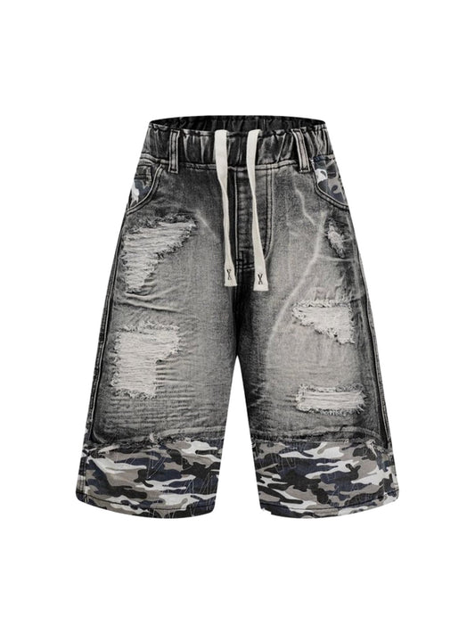 Distressed Camouflage Denim Shorts 