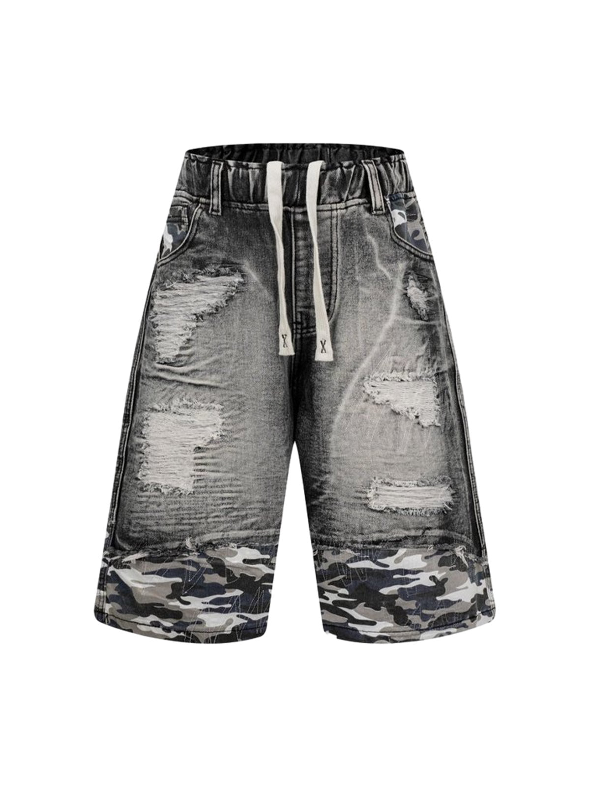 Distressed Camouflage Denim Shorts
