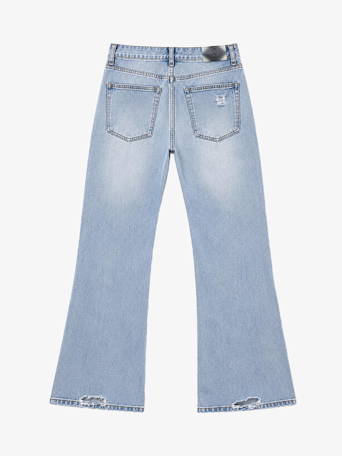 Double-Zip Paneled Distressed Bootcut Jeans