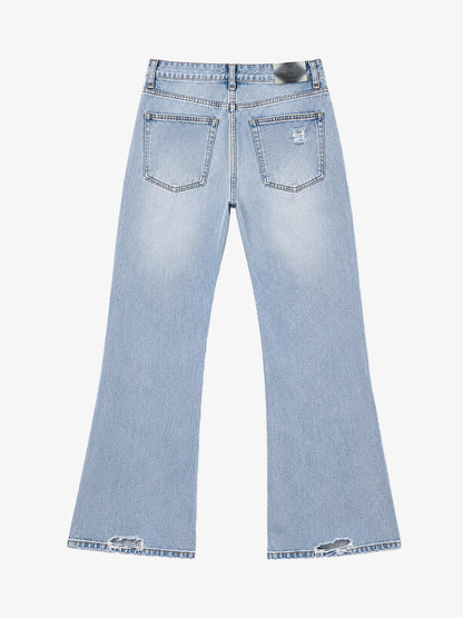 Double-Zip Paneled Distressed Bootcut Jeans
