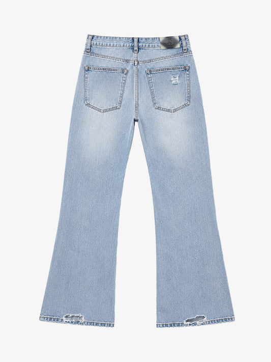 Double-Zip Paneled Distressed Bootcut Jeans
