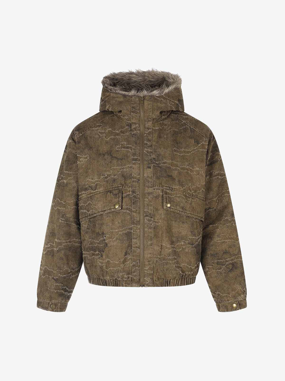 Distressed Faux-Fur Trim Hooded Utility Coat