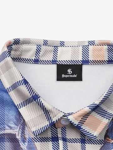 Layered Plaid Denim Print Short Sleeve Shirt 
