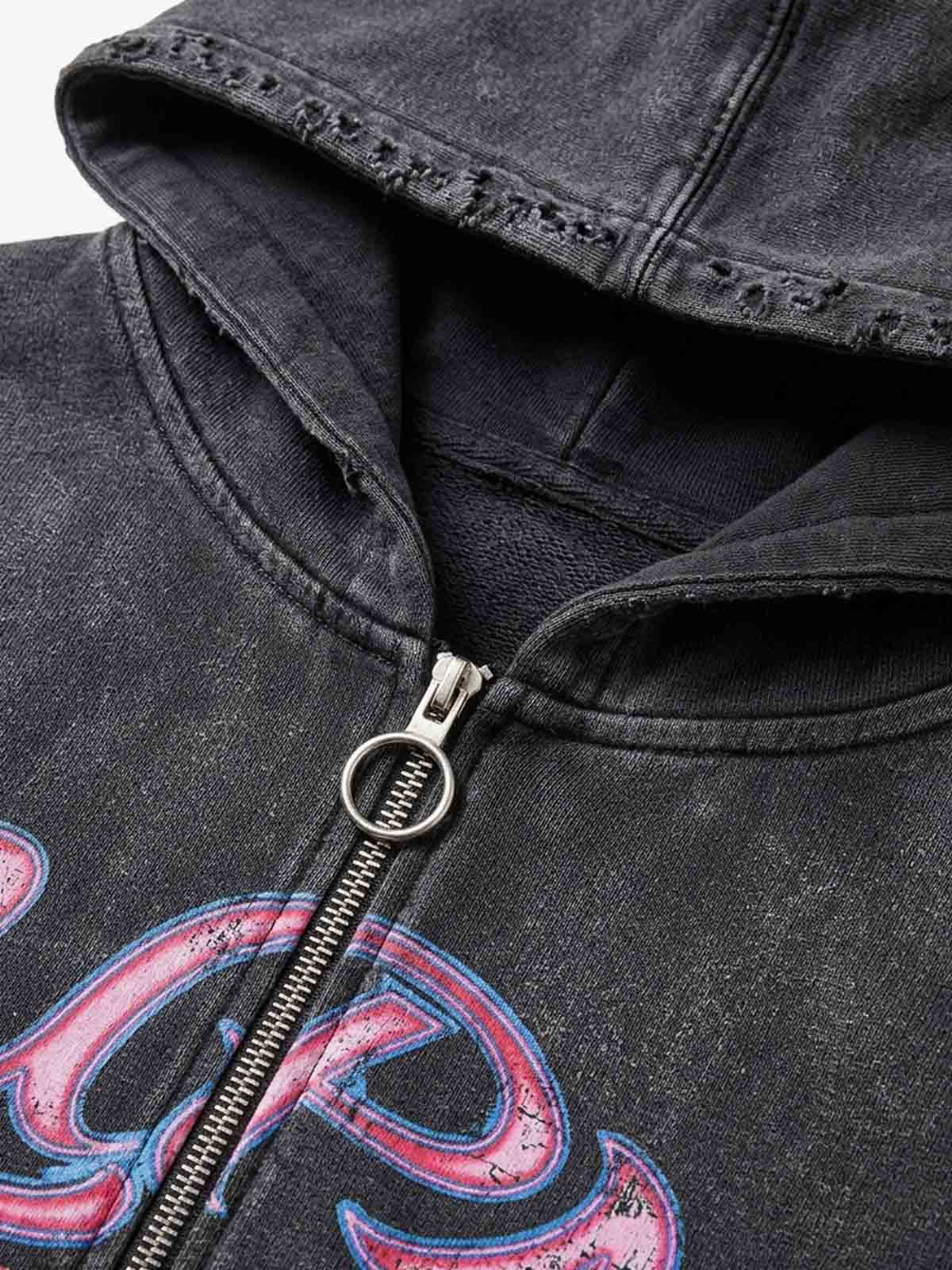 Cracked-Lip Graphic Distressed Zip Hoodie