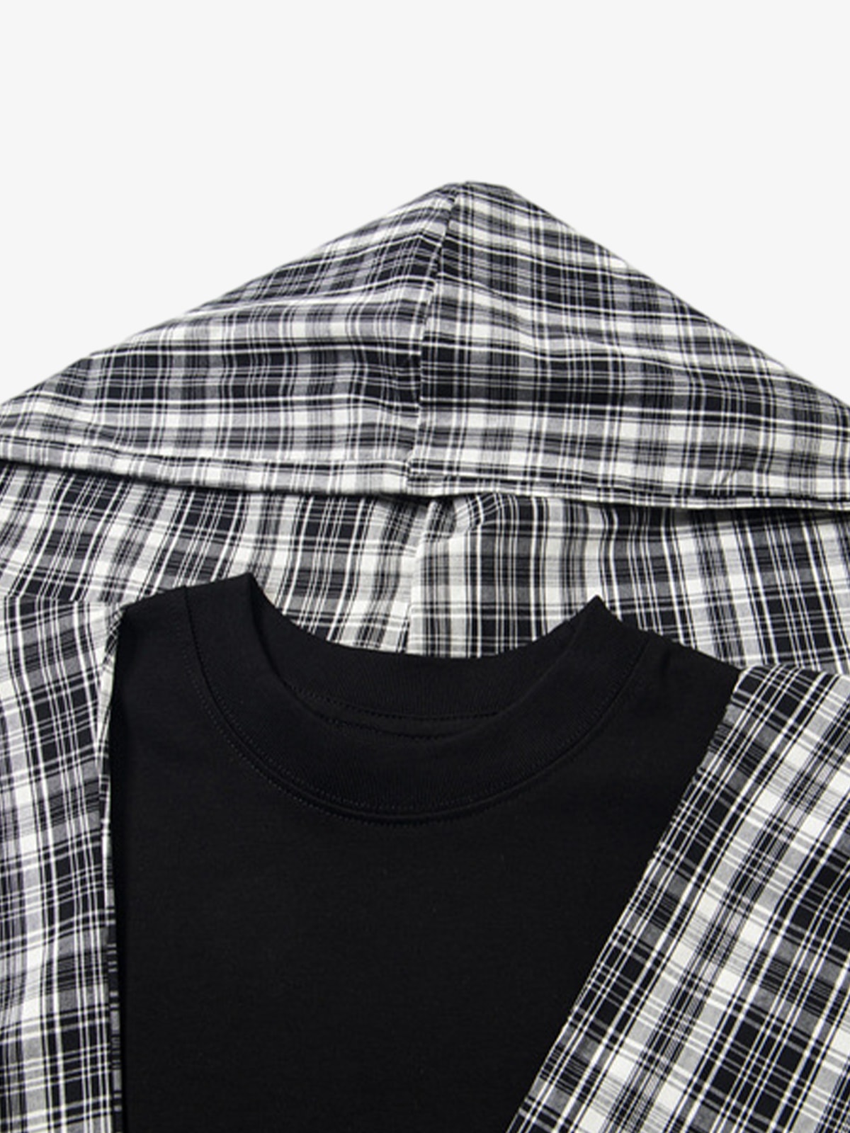 Jersey Knit Detachable Badge Hooded Plaid Cape T-Shirt 