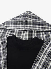 Jersey Knit Detachable Badge Hooded Plaid Cape T-Shirt 