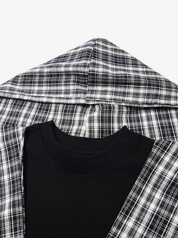 Jersey Knit Detachable Badge Hooded Plaid Cape T-Shirt 