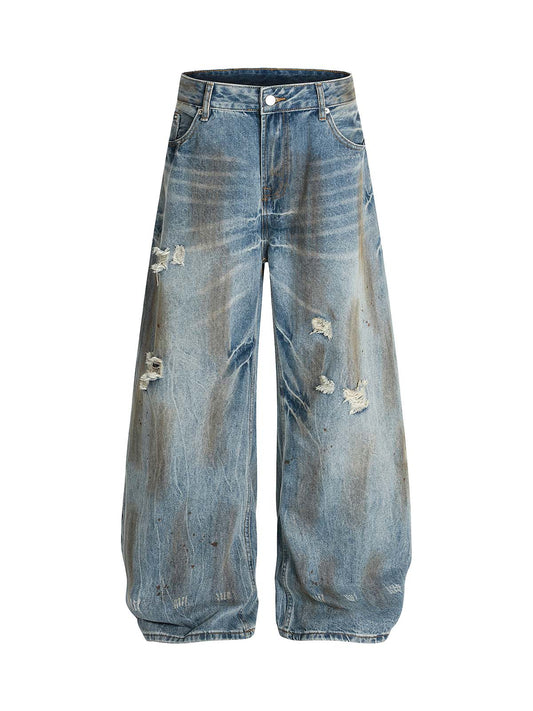 Washed Distressed Ripped Barrel Jeans