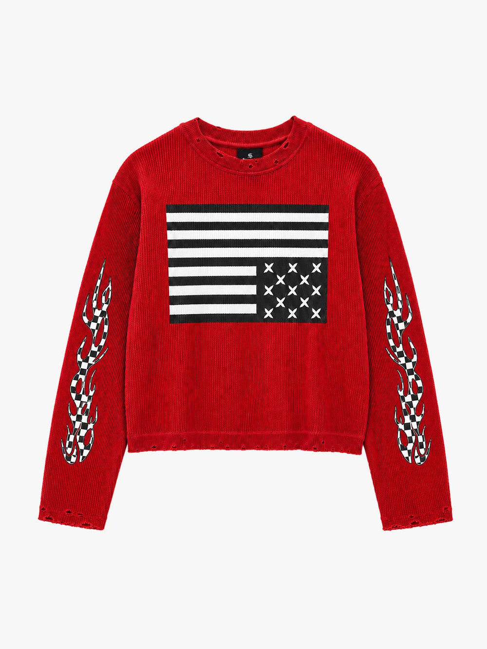Checkerboard Flame Graphic Distressed Waffle Long Sleeve Tee