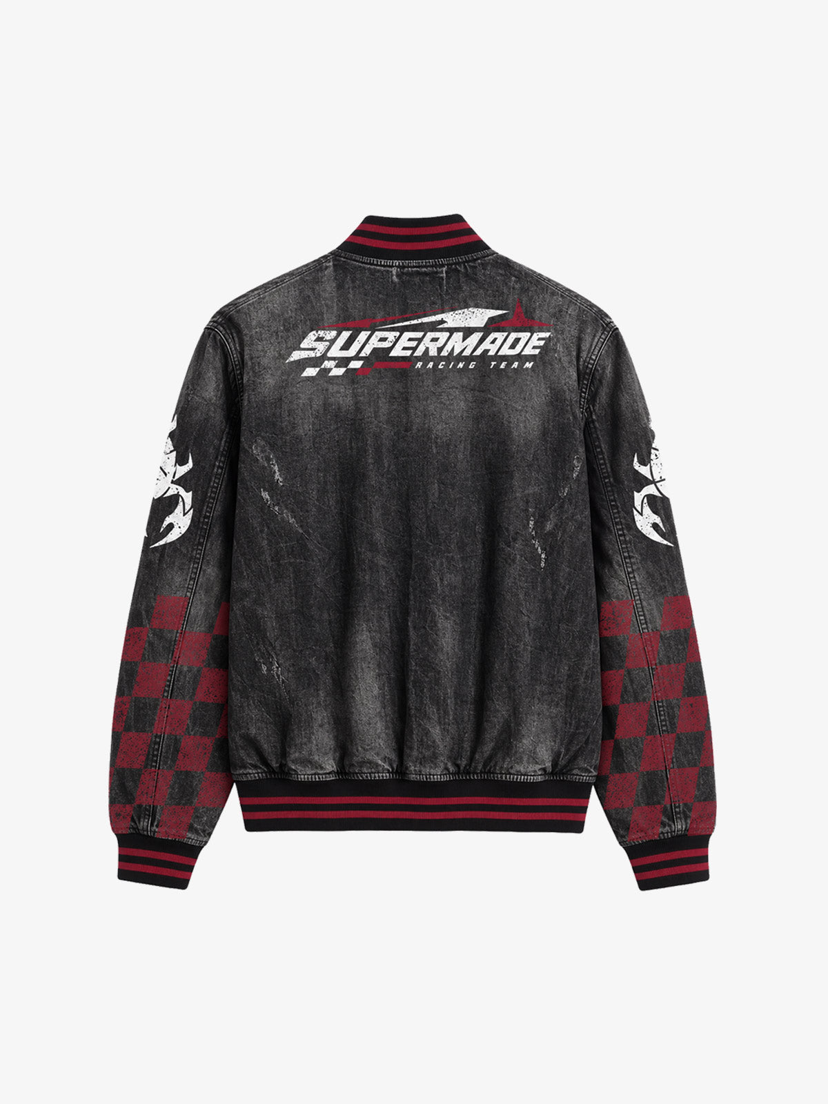 Washed Denim Racing Graphic Print Varsity Jacket