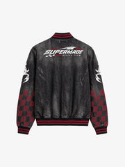 Washed Denim Racing Graphic Print Varsity Jacket