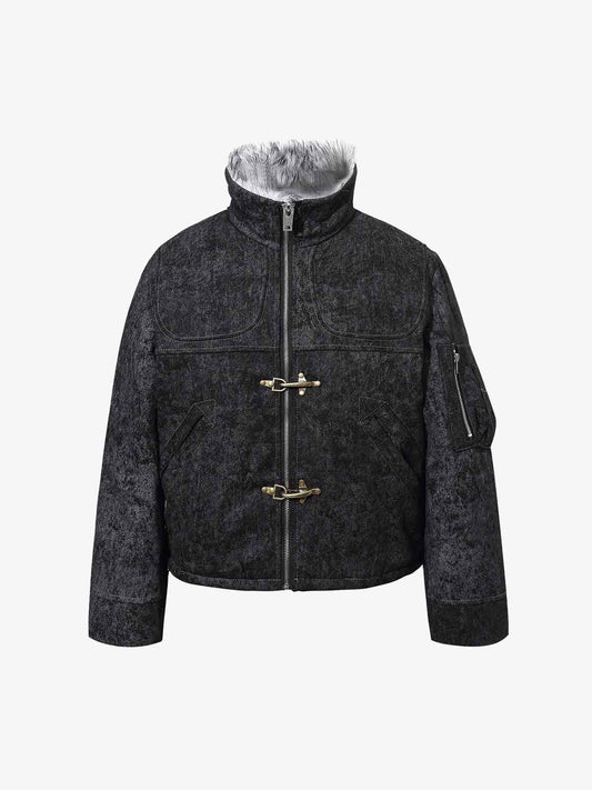 Vintage Metal Buckle Faux Fur Trim Padded Denim Jacket 