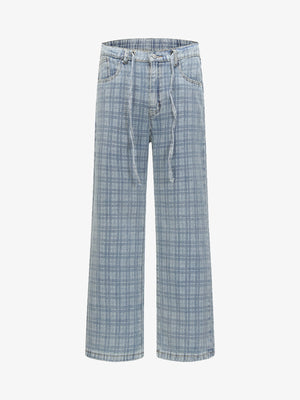 Vintage Washed Distressed Plaid Straight Jeans 