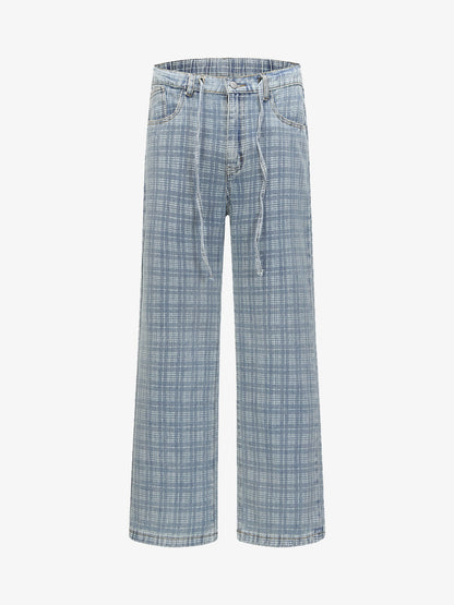 Vintage Washed Distressed Plaid Straight Jeans 