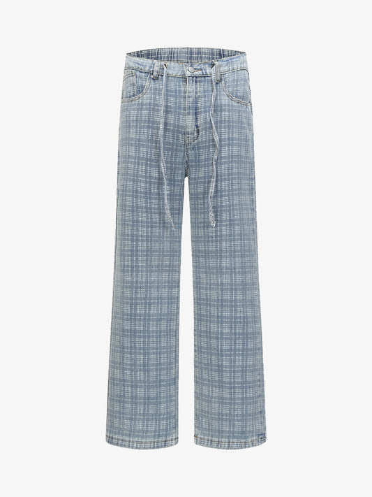 Vintage Washed Distressed Plaid Straight Jeans 