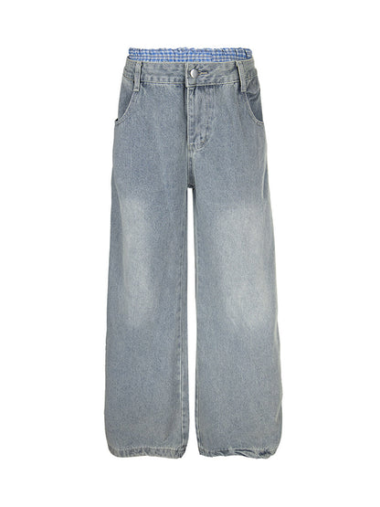 Plaid Double Waist Baggy Jeans 