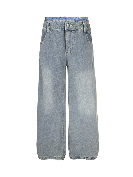 Plaid Double Waist Baggy Jeans 