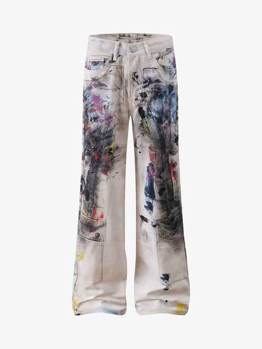 Artistic Splash Wide-Leg Jeans - Perfect for Casual and Fashionable Looks 