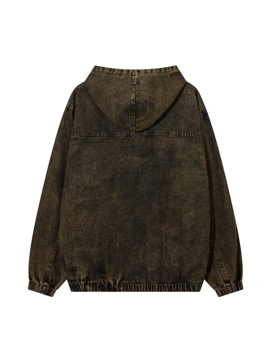 Washed Distressed Letter Embroidered Denim Hoodie 