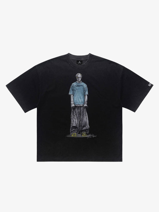 300G Jade Pattern Dyed Cotton Oversized T-Shirt with Skeleton Graphic Print Streetwear 