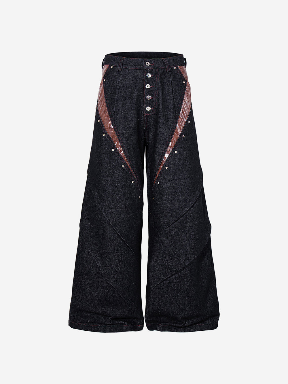 Leather Patchwork Studded Loose-Fit Jeans