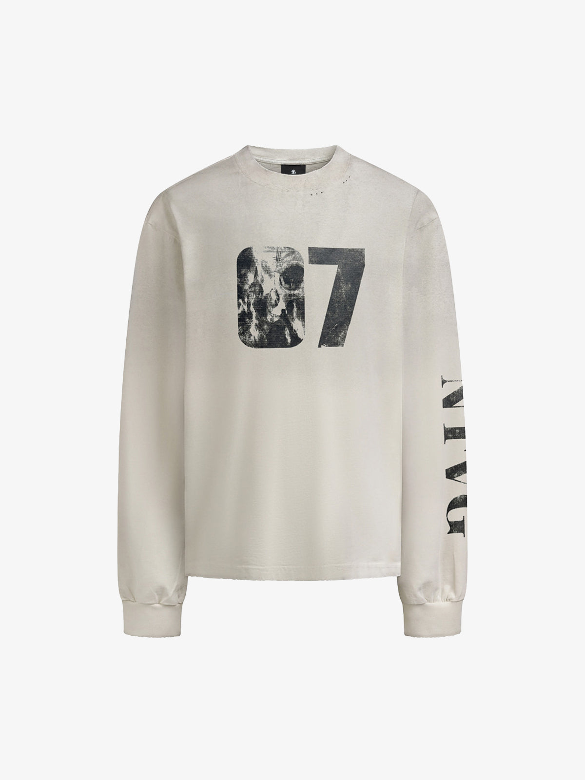 Cotton Long Sleeve Graphic Tee with Distressed 07 Print and NYC Sleeve Detail 