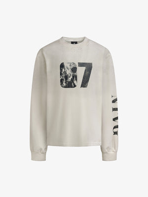 Cotton Long Sleeve Graphic Tee with Distressed 07 Print and NYC Sleeve Detail 