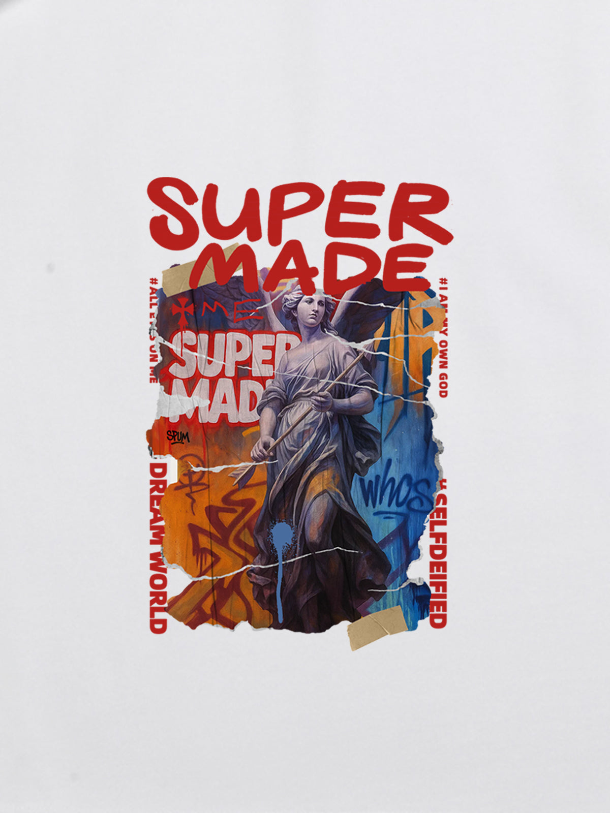 Cotton Blend SUPERMADE Sculpture Sraffiti Sticker Pattern T-Shirt 