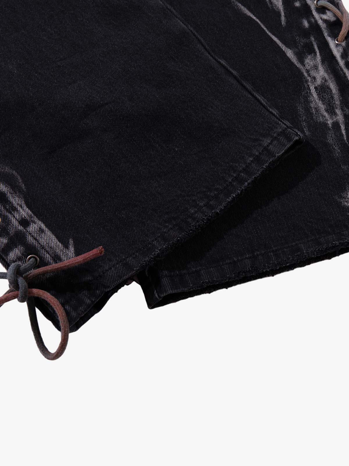 Retro Colorful Lace-Up Side Panel Spray-Washed Wide Leg Jeans 