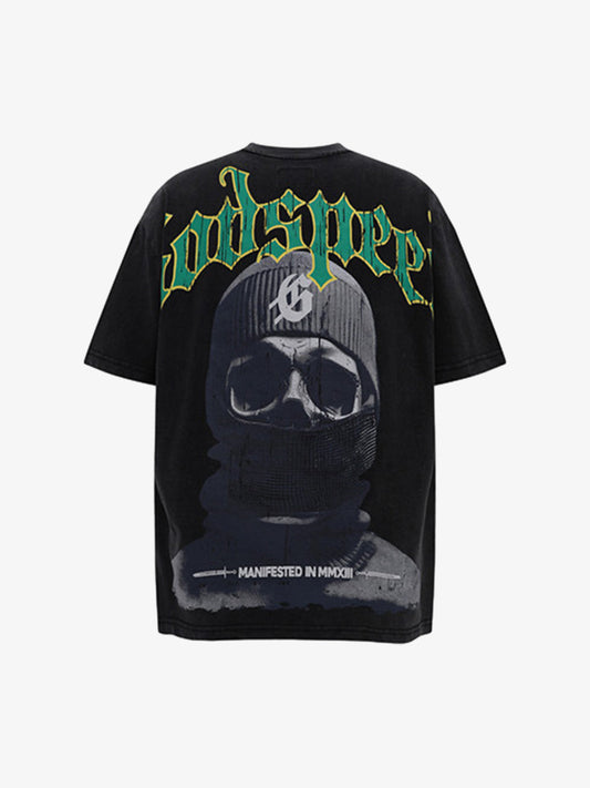 Mask Skull West Coast Hip-Hop Print T-shirt 