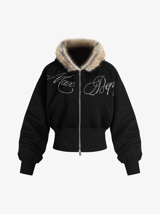 Stylish Faux Fur Trim Hooded Jacket with Sparkling Embellishments 