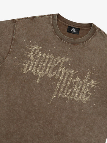 Washed Gothic Letter Imitation Diamond T-Shirt 