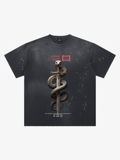 Snake and Sword Graphic T-Shirt with Bold Statement Design 