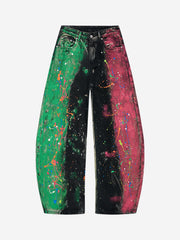 Artistic Paint-Splatter Wide-Leg Denim Jeans