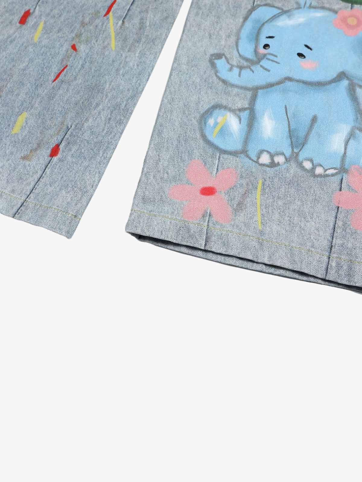 Denim Painted Animal Print Wide Leg Jeans with Cartoon Cat Dog Design 