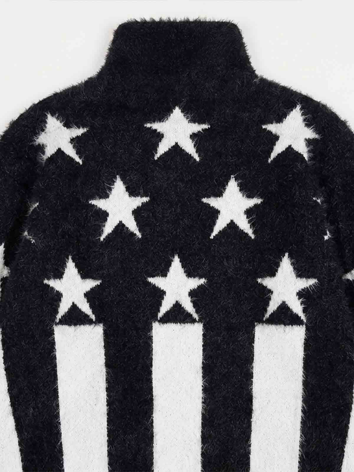 Star Stripe Embroidered Stand-Collar Zip Knit Sweater