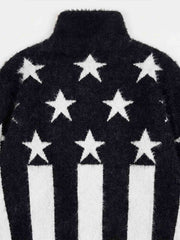 Star Stripe Embroidered Stand-Collar Zip Knit Sweater