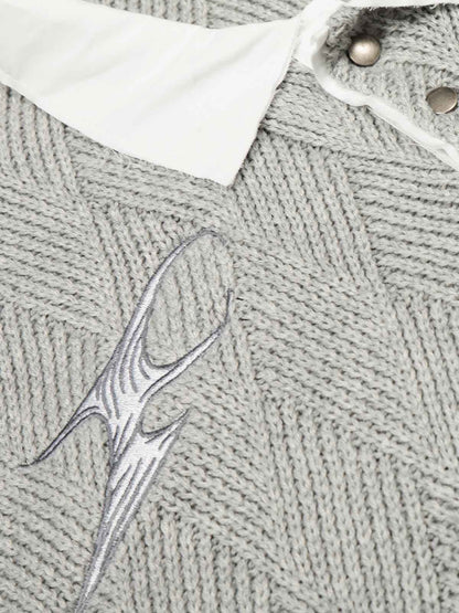 Retro Contrast Collar Embroidery Knit Sweater 