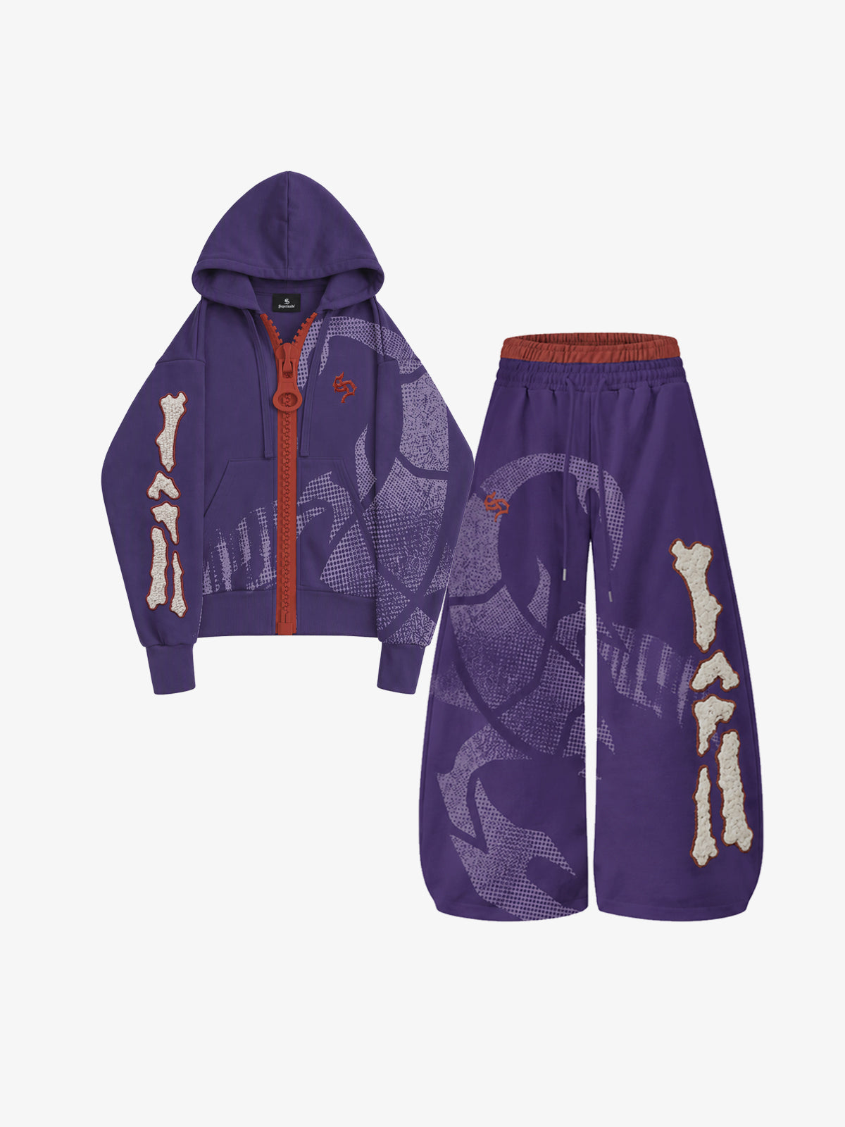 Oversized-Zip Skeleton Graphic Hoodie & Wide-Leg Sweatpants Set