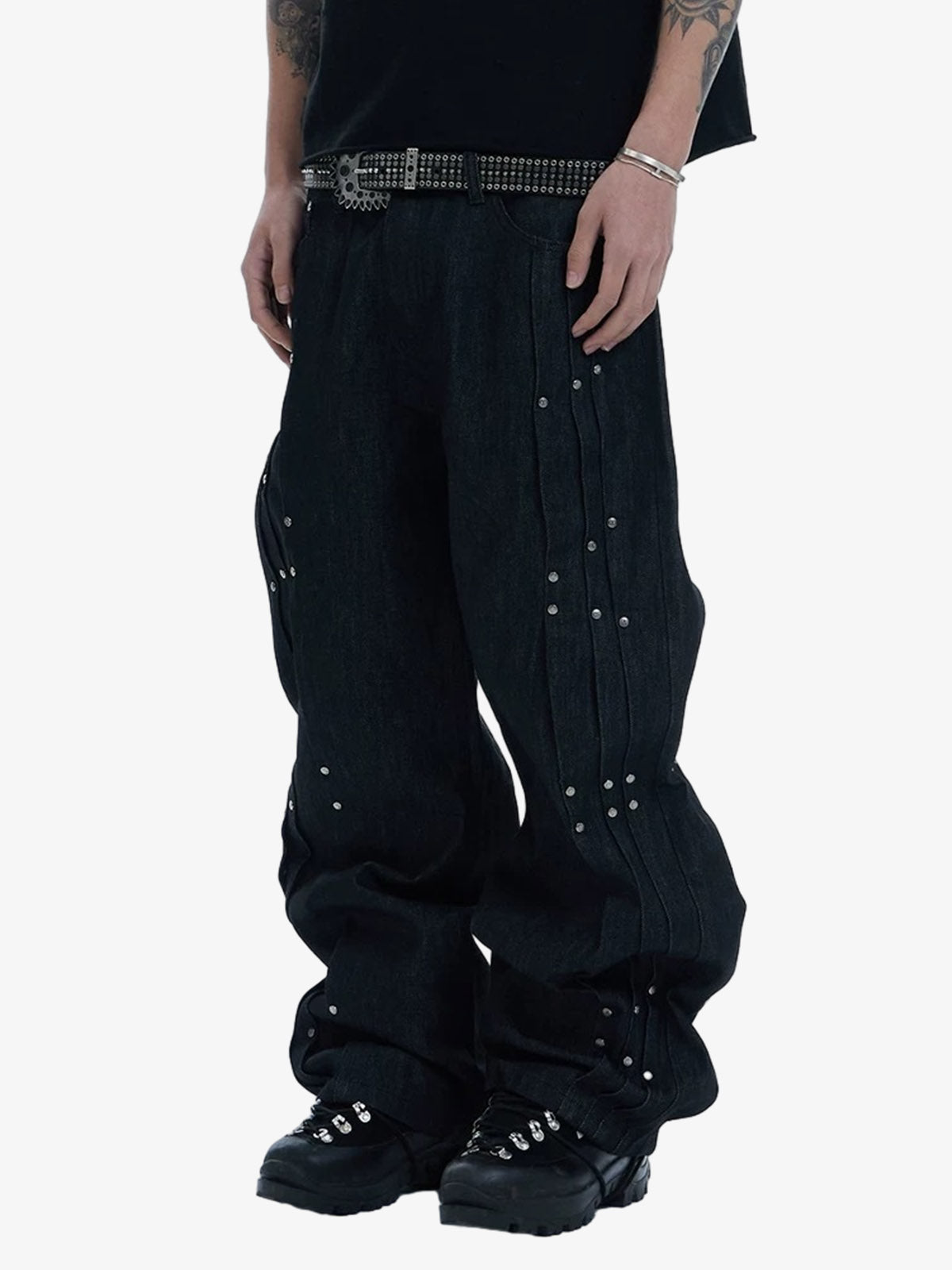 Studded Pleat Wide Leg Denim Jeans