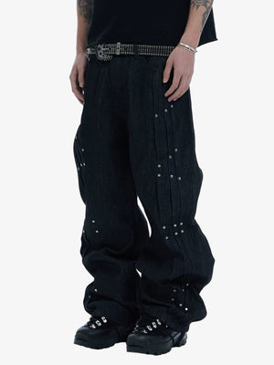 Studded Pleat Wide Leg Denim Jeans