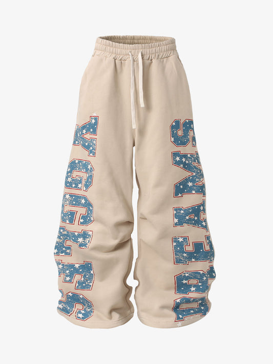 Retro Contrast Letter Print Fleece Wide-Leg Sweatpants 